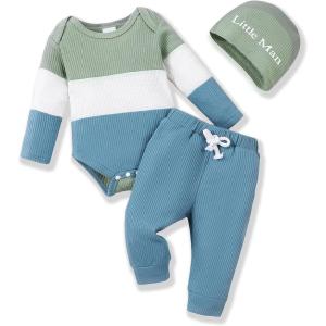 imageNewborn Infant Baby Boy Clothes Fall Winter Outfits New to The Crew Outfit Toddler Baby Boy Clothes SetPatchwork Waffle Blue