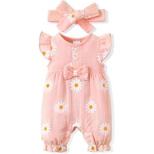 imageRenotemy Baby Girl Clothes Romper Infant Summer Bodysuit Outfits Cotton Linen Jumpsuits Newborn Essential Preemie ClothesDaisy Pink