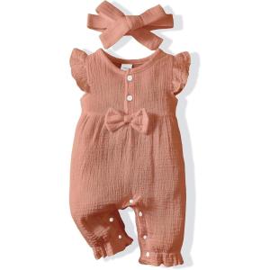 imageRenotemy Baby Girl Clothes Romper Infant Summer Bodysuit Outfits Cotton Linen Jumpsuits Newborn Essential Preemie ClothesDusty Pink Bowknot
