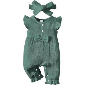 imageRenotemy Baby Girl Clothes Romper Infant Summer Bodysuit Outfits Cotton Linen Jumpsuits Newborn Essential Preemie ClothesGreen Bowknot