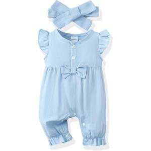 imageRenotemy Baby Girl Clothes Romper Infant Summer Bodysuit Outfits Cotton Linen Jumpsuits Newborn Essential Preemie ClothesSolid Blue Bowknot