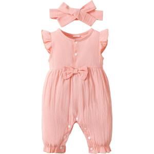 imageRenotemy Baby Girl Clothes Romper Infant Summer Bodysuit Outfits Cotton Linen Jumpsuits Newborn Essential Preemie ClothesSolid Pink