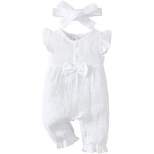 imageRenotemy Baby Girl Clothes Romper Infant Summer Bodysuit Outfits Cotton Linen Jumpsuits Newborn Essential Preemie ClothesSolid White