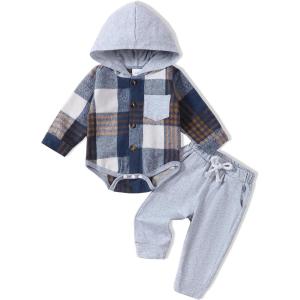 imageRenotemy Newborn Baby Boy Clothes Infant Boy Outfits Baby Hoodie Romper Fall Winter 0 3 6 9 12 18 Months Baby Clothes for BoyBlue Plaid Flannel Hoodie