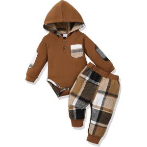 imageRenotemy Newborn Baby Boy Clothes Infant Boy Outfits Baby Hoodie Romper Fall Winter 0 3 6 9 12 18 Months Baby Clothes for BoyBrown Plaid Flannel Hoodie