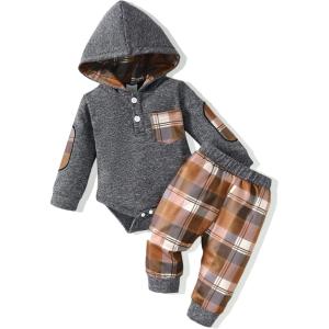 imageRenotemy Newborn Baby Boy Clothes Infant Boy Outfits Baby Hoodie Romper Fall Winter 0 3 6 9 12 18 Months Baby Clothes for BoyGrey Plaid Hoodie