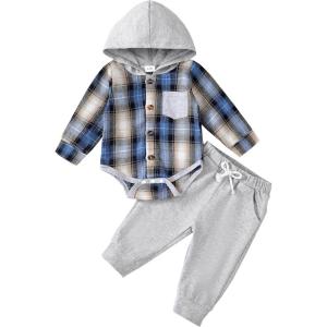 imageRenotemy Newborn Baby Boy Clothes Infant Boy Outfits Baby Hoodie Romper Fall Winter 0 3 6 9 12 18 Months Baby Clothes for BoyPlaid Flannel Blue Hoodie