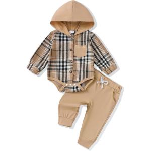 imageRenotemy Newborn Baby Boy Clothes Infant Boy Outfits Baby Hoodie Romper Fall Winter 0 3 6 9 12 18 Months Baby Clothes for BoyPlaid Flannel Brown Hoodie