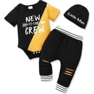 imageRenotemy Newborn Infant Baby Boy Clothes Outfits New to The Crew Outfits Long Pants Toddler Baby Boy Clothes SetBlackyellows