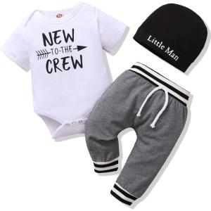imageRenotemy Newborn Infant Baby Boy Clothes Outfits New to The Crew Outfits Long Pants Toddler Baby Boy Clothes SetGray