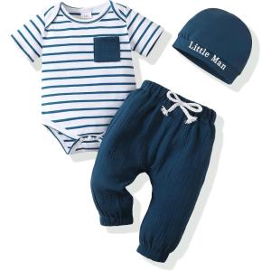 imageRenotemy Newborn Infant Baby Boy Clothes Outfits New to The Crew Outfits Long Pants Toddler Baby Boy Clothes SetStripe Blue Linen