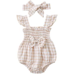 imageRenotemy Newborn Infant Baby Girl Clothes Rompers Summer Jumpsuits Short Sleeve Romper Infant Baby Clothes GirlPlaid Apricot Bow