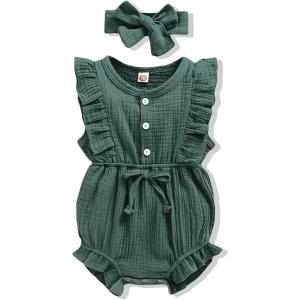 imageRenotemy Newborn Infant Baby Girl Clothes Rompers Summer Jumpsuits Short Sleeve Romper Infant Baby Clothes GirlSolid Green2pcs