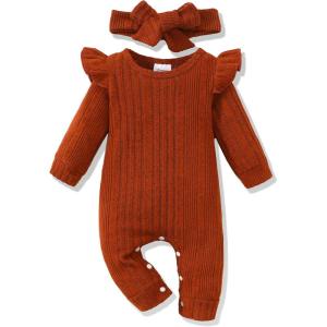 imageRenotemy Newborn Baby Girl Clothes Fall Winter Outfits Infant Rompers Solid Jumpsuits Bodysuit Cute Infant Baby Clothes GirlCotton Brown