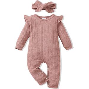 imageRenotemy Newborn Baby Girl Clothes Fall Winter Outfits Infant Rompers Solid Jumpsuits Bodysuit Cute Infant Baby Clothes GirlCotton Pink