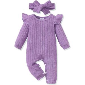 imageRenotemy Newborn Baby Girl Clothes Fall Winter Outfits Infant Rompers Solid Jumpsuits Bodysuit Cute Infant Baby Clothes GirlCotton Purple
