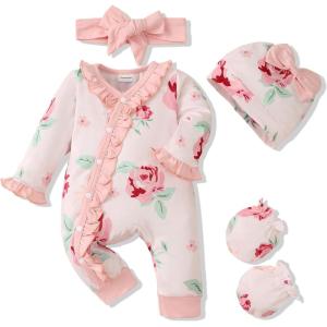 imageRenotemy Newborn Baby Girl Clothes Fall Winter Outfits Infant Rompers Solid Jumpsuits Bodysuit Cute Infant Baby Clothes GirlFloral Pink