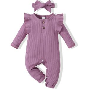 imageRenotemy Newborn Baby Girl Clothes Fall Winter Outfits Infant Rompers Solid Jumpsuits Bodysuit Cute Infant Baby Clothes GirlRibbed Purple
