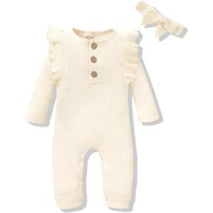imageRenotemy Newborn Baby Girl Clothes Fall Winter Outfits Infant Rompers Solid Jumpsuits Bodysuit Cute Infant Baby Clothes GirlRibbed Whitelong Sleeve
