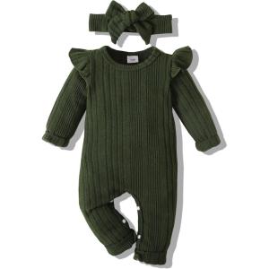 imageRenotemy Newborn Baby Girl Clothes Fall Winter Outfits Infant Rompers Solid Jumpsuits Bodysuit Cute Infant Baby Clothes GirlStrip Green