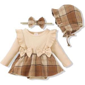 imageRenotemy Newborn Baby Girl Clothes Infant Girl Outfits Knit Romper Dress with Hat Baby Clothes for Girls 018 MonthsApricot Flannel