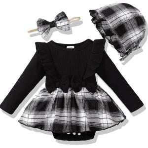 imageRenotemy Newborn Baby Girl Clothes Infant Girl Outfits Knit Romper Dress with Hat Baby Clothes for Girls 018 MonthsBlack Plaid
