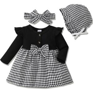 imageRenotemy Newborn Baby Girl Clothes Infant Girl Outfits Knit Romper Dress with Hat Baby Clothes for Girls 018 MonthsBlack White Plaid