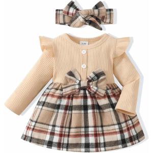 imageRenotemy Newborn Baby Girl Clothes Infant Girl Outfits Knit Romper Dress with Hat Baby Clothes for Girls 018 MonthsPlaid Brown