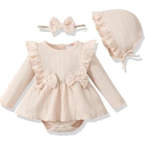 imageRenotemy Newborn Baby Girl Clothes Infant Girl Outfits Knit Romper Dress with Hat Baby Clothes for Girls 018 MonthsSolid Beige
