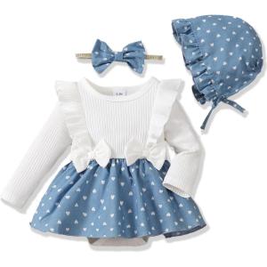 imageRenotemy Newborn Baby Girl Clothes Infant Girl Outfits Knit Romper Dress with Hat Baby Clothes for Girls 018 MonthsWhite Blue