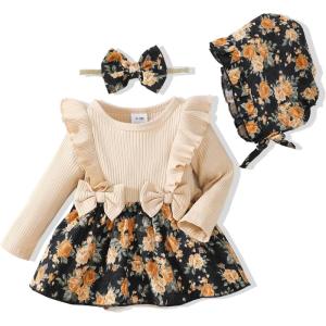 imageRenotemy Newborn Baby Girl Clothes Infant Girl Outfits Knit Romper Dress with Hat Baby Clothes for Girls 018 MonthsYellow Rose