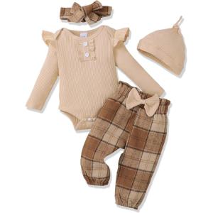 imageRenotemy Newborn Baby Girl Clothes Outfits Infant Romper Ruffle Floral Pants Cute Toddler Baby Girl Clothes SetApricot Plaid