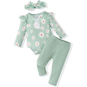 imageRenotemy Newborn Baby Girl Clothes Outfits Infant Romper Ruffle Floral Pants Cute Toddler Baby Girl Clothes SetGreen Daisy