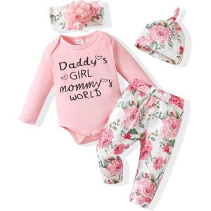imageRenotemy Newborn Baby Girl Clothes Outfits Infant Romper Ruffle Floral Pants Cute Toddler Baby Girl Clothes SetPink Floral