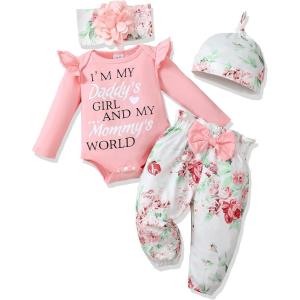 imageRenotemy Newborn Baby Girl Clothes Outfits Infant Romper Ruffle Floral Pants Cute Toddler Baby Girl Clothes SetPink Floral Bowknot