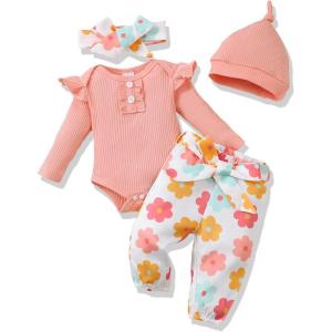 imageRenotemy Newborn Baby Girl Clothes Outfits Infant Romper Ruffle Floral Pants Cute Toddler Baby Girl Clothes SetPink Flower