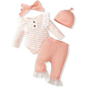 imageRenotemy Newborn Baby Girl Clothes Outfits Infant Romper Ruffle Floral Pants Cute Toddler Baby Girl Clothes SetPink Strip