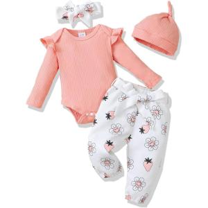 imageRenotemy Newborn Baby Girl Clothes Outfits Infant Romper Ruffle Floral Pants Cute Toddler Baby Girl Clothes SetStrawberry