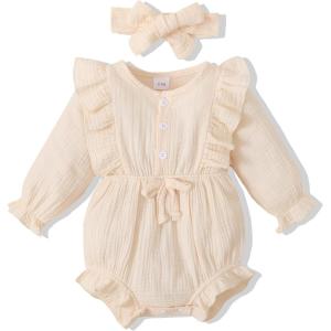imageRenotemy Newborn Infant Baby Girl Clothes Cotton Linen Rompers Solid Ruffle Jumpsuits Infant Baby Clothes GirlBeige