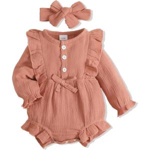 imageRenotemy Newborn Infant Baby Girl Clothes Cotton Linen Rompers Solid Ruffle Jumpsuits Infant Baby Clothes GirlBrick Red