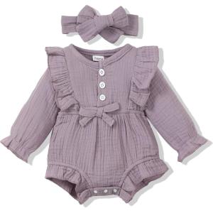 imageRenotemy Newborn Infant Baby Girl Clothes Cotton Linen Rompers Solid Ruffle Jumpsuits Infant Baby Clothes GirlPurple