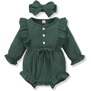 imageRenotemy Newborn Infant Baby Girl Clothes Cotton Linen Rompers Solid Ruffle Jumpsuits Infant Baby Clothes GirlSolid Greenlong Sleeve