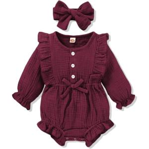 imageRenotemy Newborn Infant Baby Girl Clothes Cotton Linen Rompers Solid Ruffle Jumpsuits Infant Baby Clothes GirlSolid Redlong Sleeve 2pcs