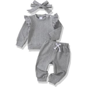 imageRenotemy Newborn Infant Baby Girl Clothes Outfits Fall Winter Long Sleeve Sweatshirts Pants Cute Baby Girl Outfits SetSolid Gray