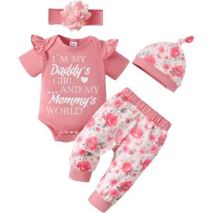 imageRenotemy Newborn Infant Baby Girl Clothes Summer Outfits Infant Romper Pants Cute Toddler Girl Clothes Gift SetPink Rose