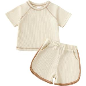 imageRenotemy Toddler Baby Boy Boy Summer Clothes Waffle Short Sleeve TShirt Short Pants Two Piece Solid Outfit Sports Short SetBeige