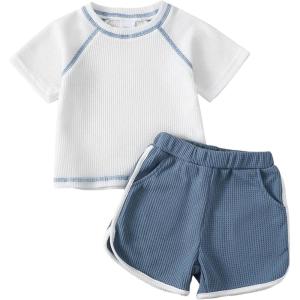 imageRenotemy Toddler Baby Boy Boy Summer Clothes Waffle Short Sleeve TShirt Short Pants Two Piece Solid Outfit Sports Short SetBlue