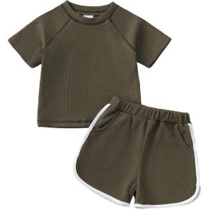 imageRenotemy Toddler Baby Boy Boy Summer Clothes Waffle Short Sleeve TShirt Short Pants Two Piece Solid Outfit Sports Short SetGreen