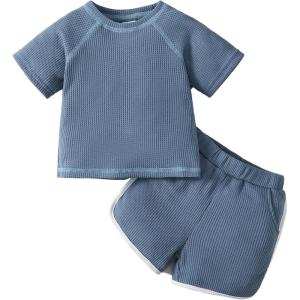 imageRenotemy Toddler Baby Boy Boy Summer Clothes Waffle Short Sleeve TShirt Short Pants Two Piece Solid Outfit Sports Short SetSolid Blue