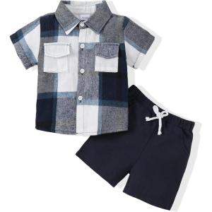 imageToddler Baby Boy Clothes Summer Outfits Cotton Short Sleeve TShirt Dinosaurs Shorts Set Boy Clothes Outfits SetSoft Blue Plaid